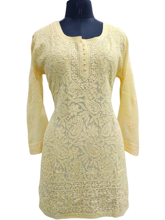 Shyamal Chikan Hand Embroidered Yellow Kota Doria Lucknowi Chikankari Short Top -23258