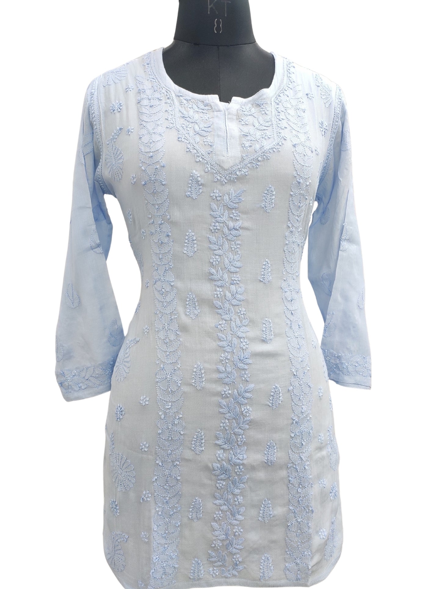 Shyamal Chikan Hand Embroidered Blue Pure Cotton Lucknowi Chikankari Short Top- 23460