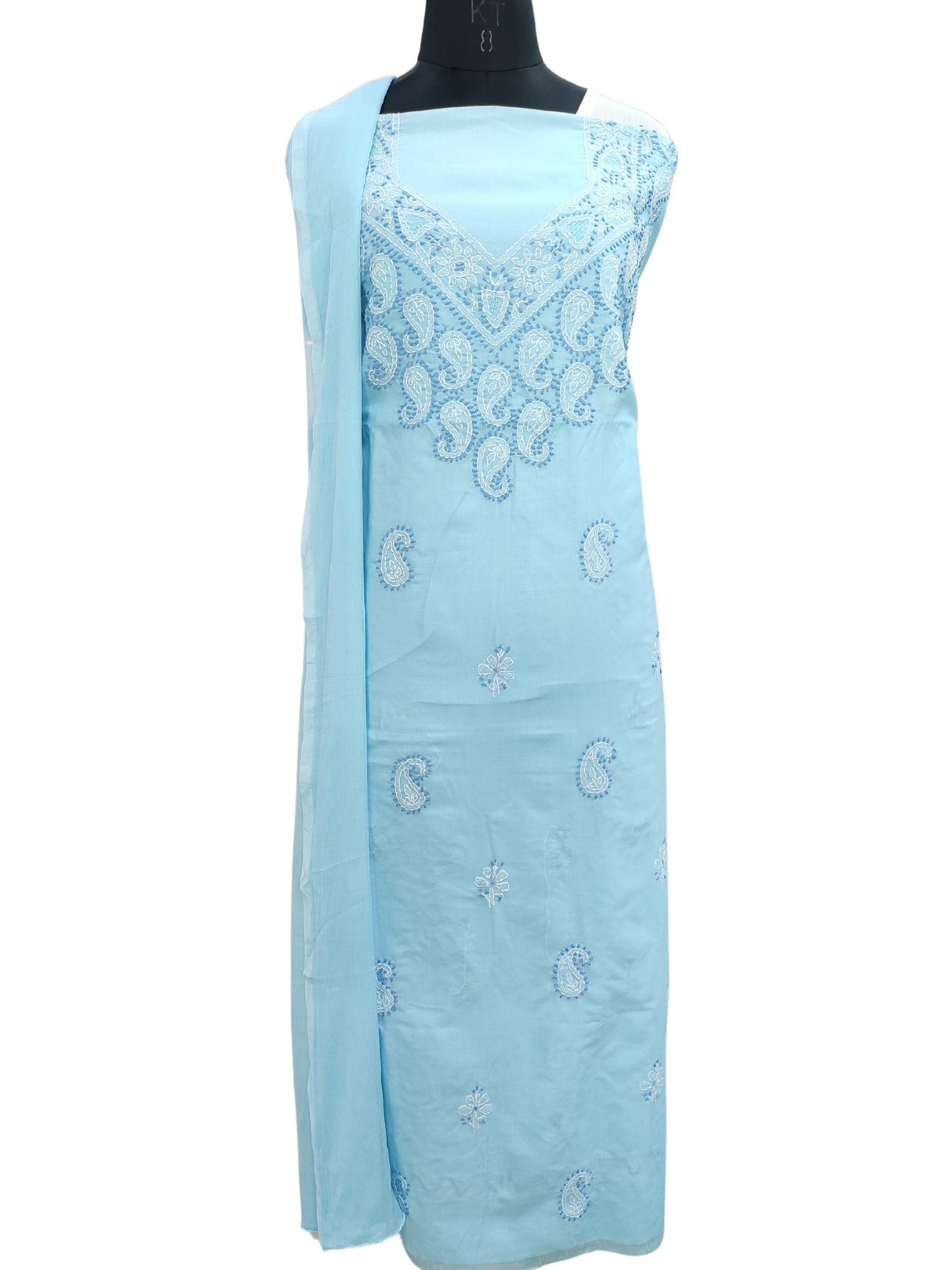 Shyamal Chikan Hand Embroidered Blue Cotton Lucknowi Chikankari Unstitched Suit Piece 24139