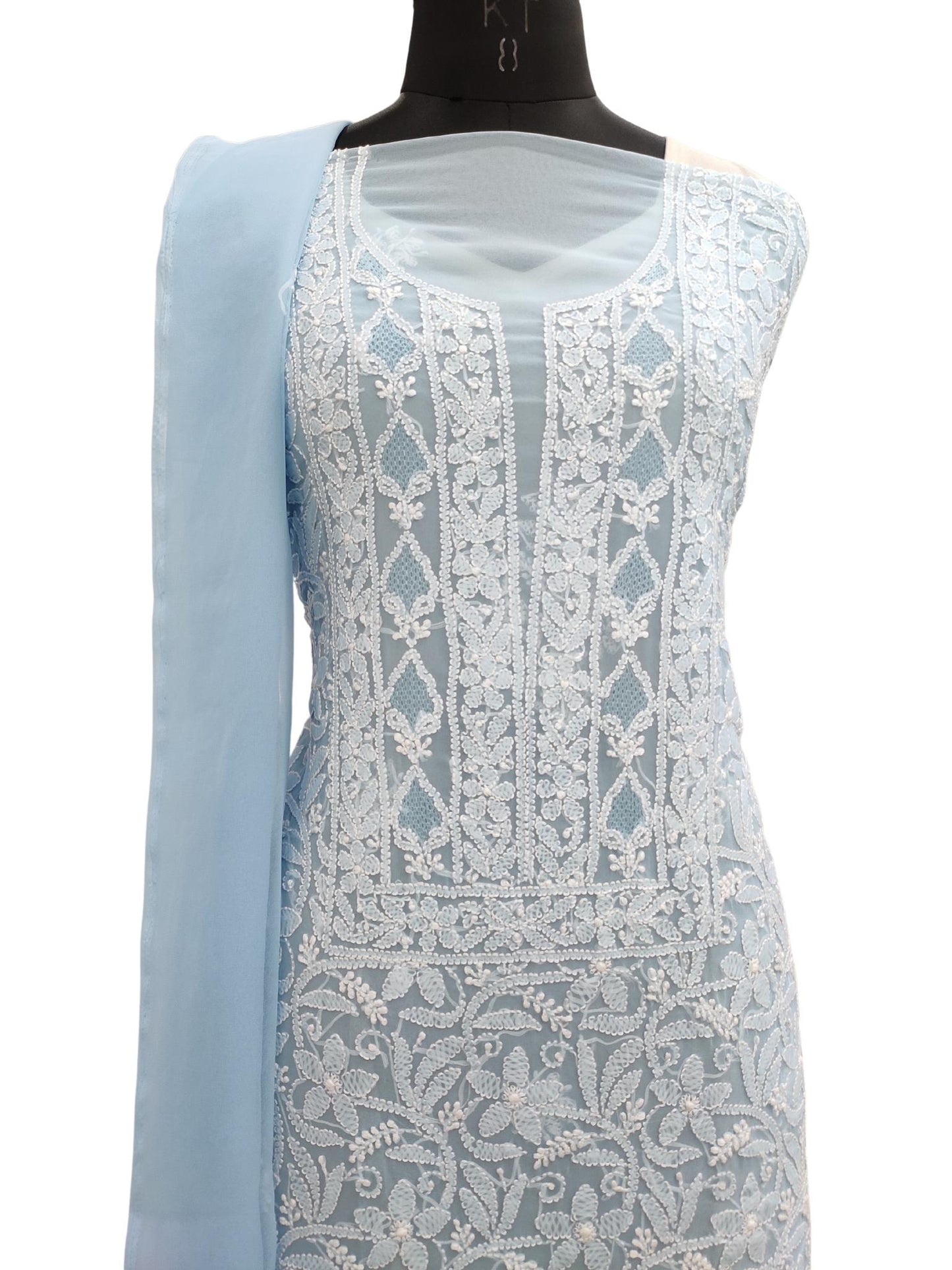 Shyamal Chikan Hand Embroidered Blue Georgette Lucknowi Chikankari Unstitched Suit Piece - S20224