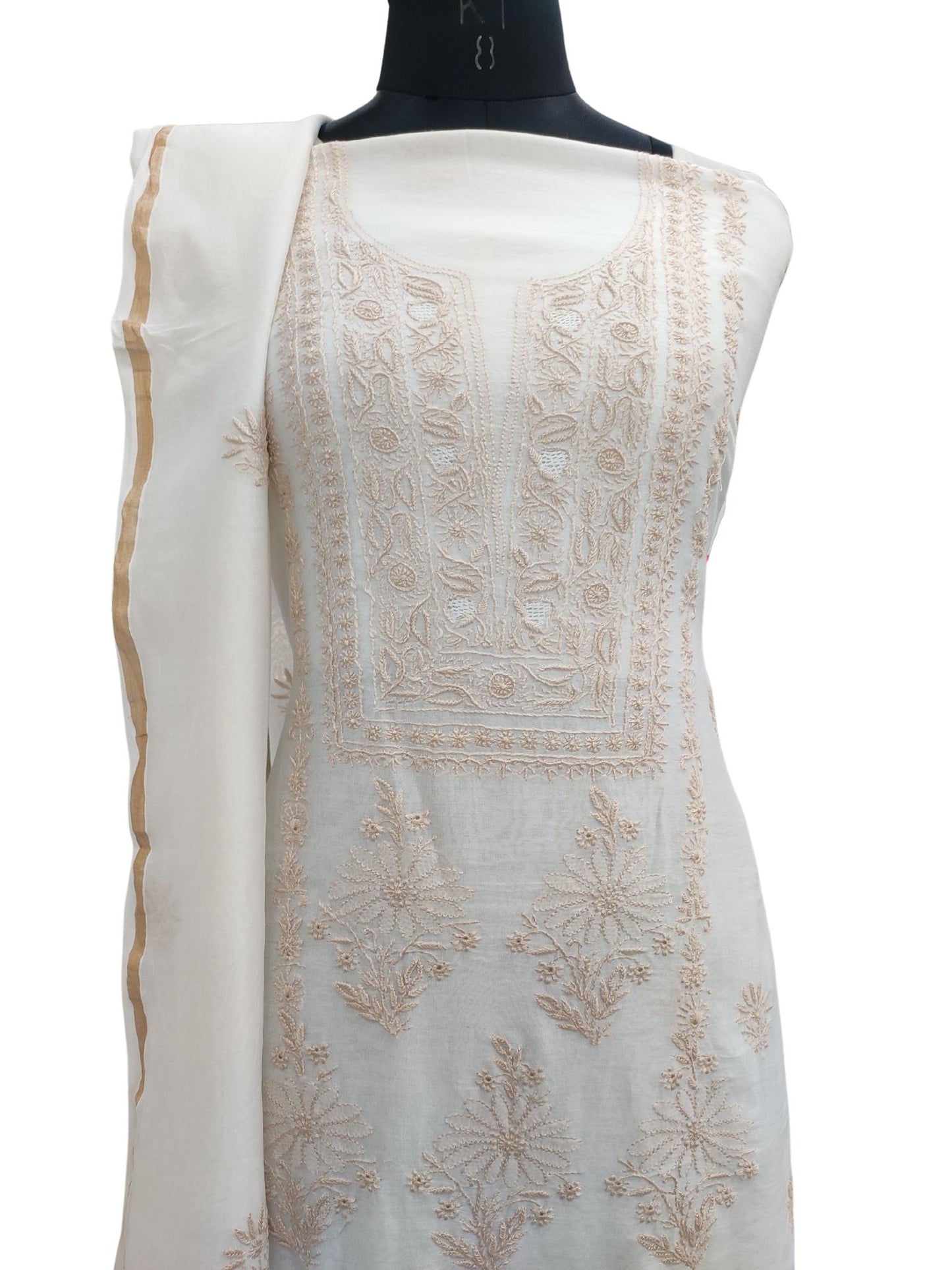 Shyamal Chikan Hand Embroidered White Pure Chanderi Silk Lucknowi Chikankari Unstitched Suit Piece ( Kurta  Dupatta Set ) - S20481