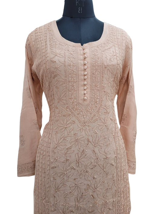 Shyamal Chikan Hand Embroidered Beige Muslin Lucknowi Chikankari Kurti - S24231