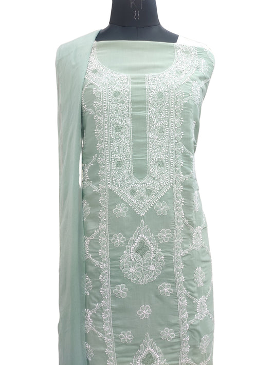 Shyamal Chikan Hand Embroidered Green Cotton Lucknowi Chikankari Unstitched Suit Piece - S26711