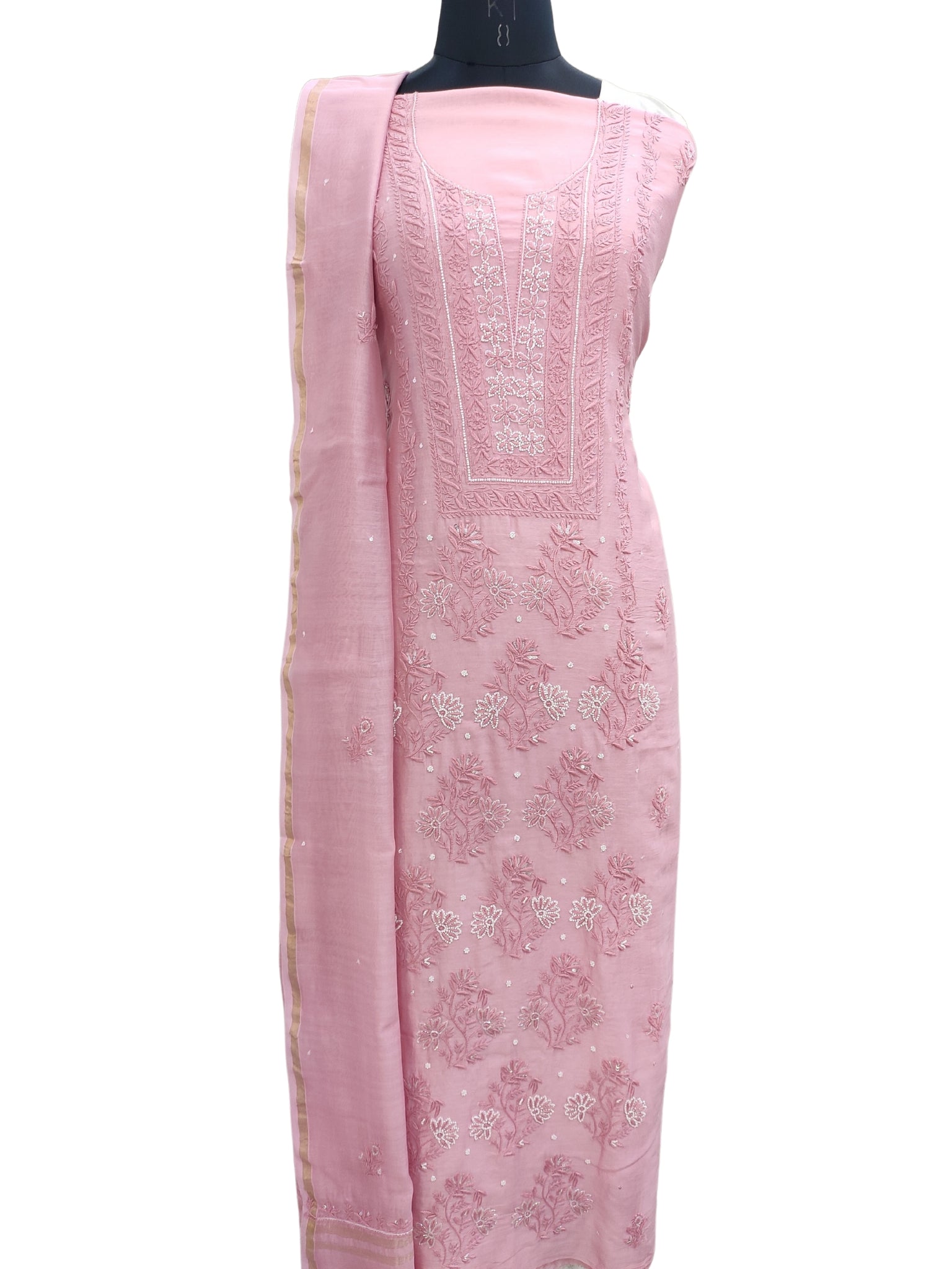 Shyamal Chikan Hand Embroidered Pink Chanderi Lucknowi Chikankari Unstitched Suit Piece with Pearl & Sequin Work (Set of 2) - S20075