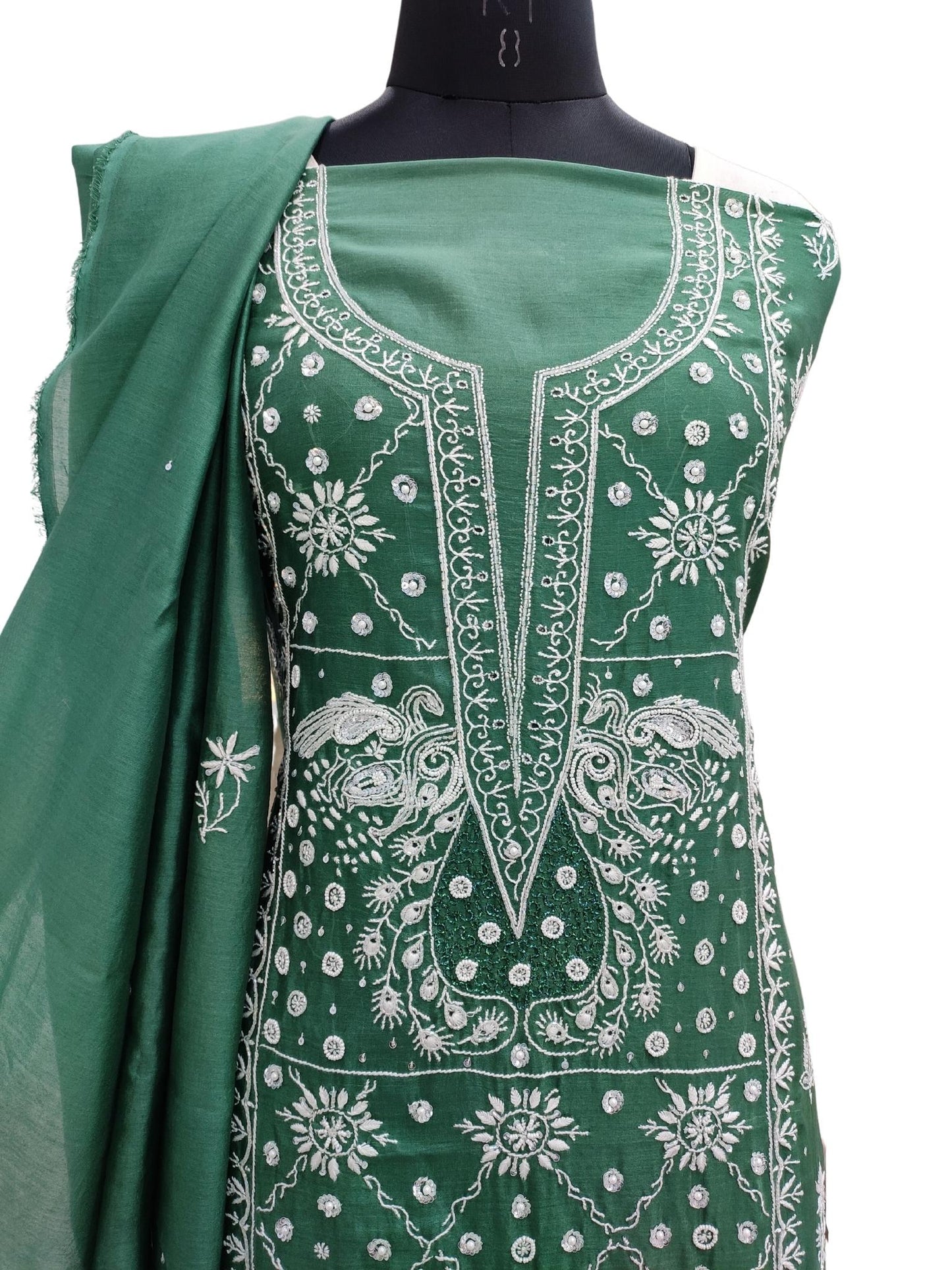Shyamal Chikan Hand Embroidered Green Chanderi Lucknowi Chikankari Unstitched Suit Piece with Pearl & Sequin Work (Kurta Dupatta Set) - S21174