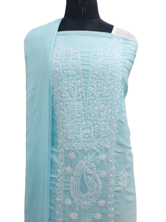 Shyamal Chikan Hand Embroidered Blue Cotton Lucknowi Chikankari Unstitched Suit Piece With Jaali Work - S22590