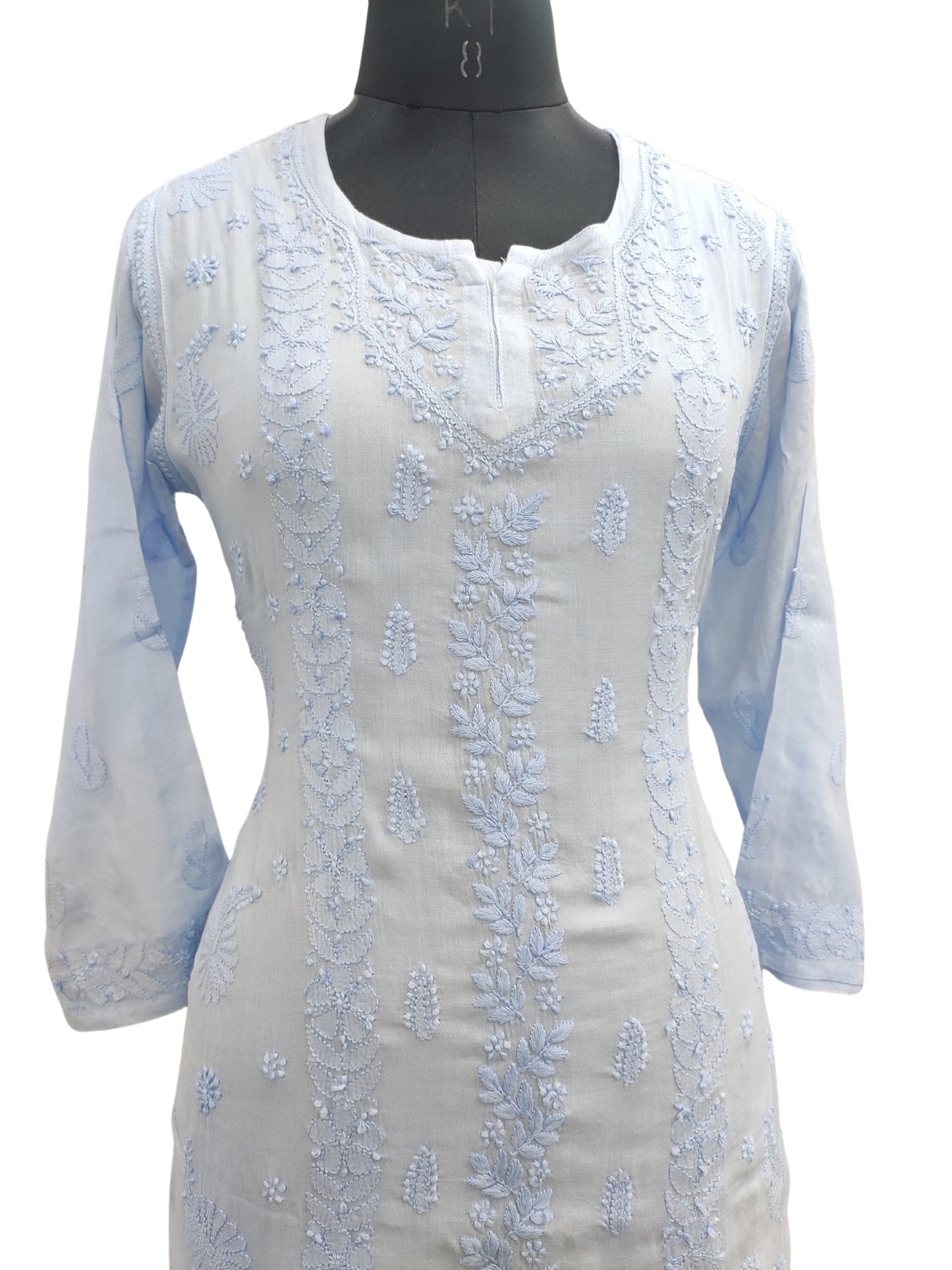 Shyamal Chikan Hand Embroidered Blue Pure Cotton Lucknowi Chikankari Short Top- 23460