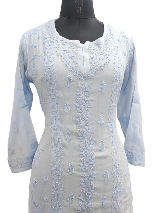 Shyamal Chikan Hand Embroidered Blue Pure Cotton Lucknowi Chikankari Short Top - S23460