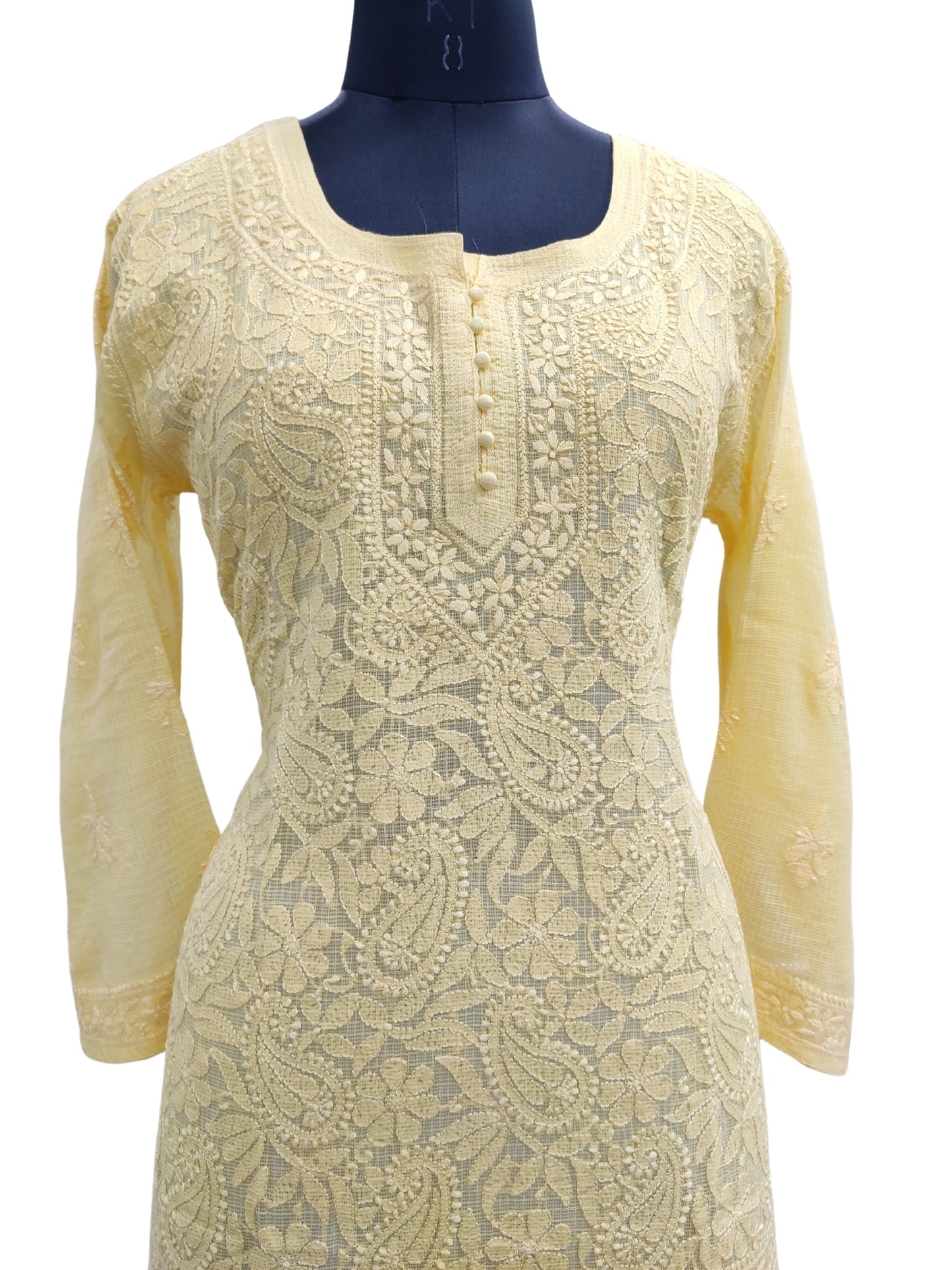 Shyamal Chikan Hand Embroidered Yellow Kota Doria Lucknowi Chikankari Short Top -23258