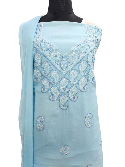 Shyamal Chikan Hand Embroidered Blue Cotton Lucknowi Chikankari Unstitched Suit Piece 24139