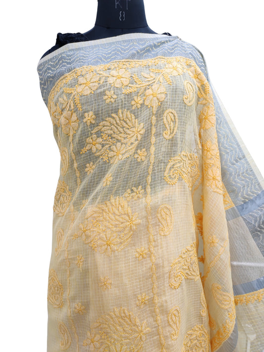 Shyamal Chikan Hand Embroidered Yellow Banarasi Lucknowi Chikankari Saree With Blouse Piece- S22888