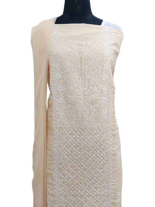 Shyamal Chikan Hand Embroidered Beige Cotton Lucknowi Chikankari Unstitched Suit Piece - S23380