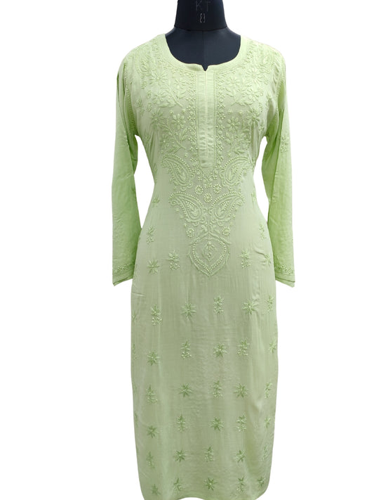Shyamal Chikan Hand Embroidered Green Modal Cotton Lucknowi Chikankari Kurti - S21672