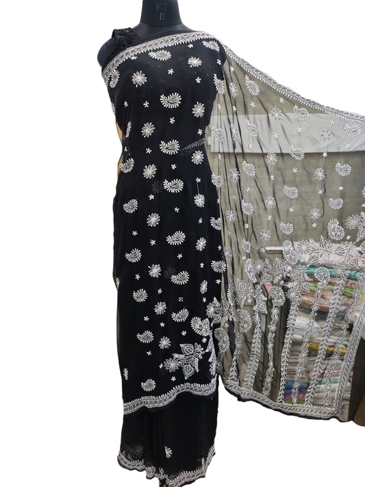 Shyamal Chikan Hand Embroidered Black Georgette Lucknowi Chikankari Saree With Blouse Piece - S23163