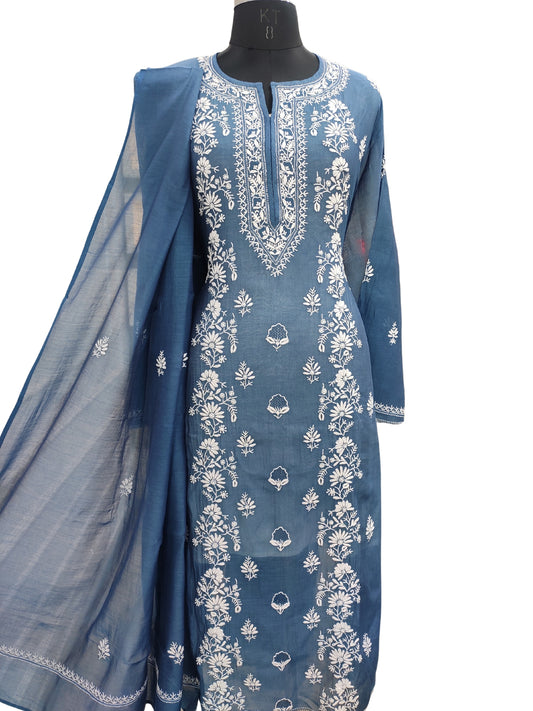 Shyamal Chikan Hand Embroidered Peacock Blue Mul Chanderi Lucknowi Chikankari semi stitched Suit Piece (Kurta Dupatta Set) - 23754