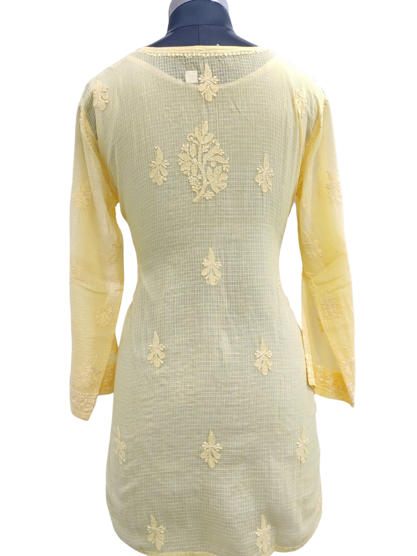 Shyamal Chikan Hand Embroidered Yellow Kota Doria Lucknowi Chikankari Short Top -23258