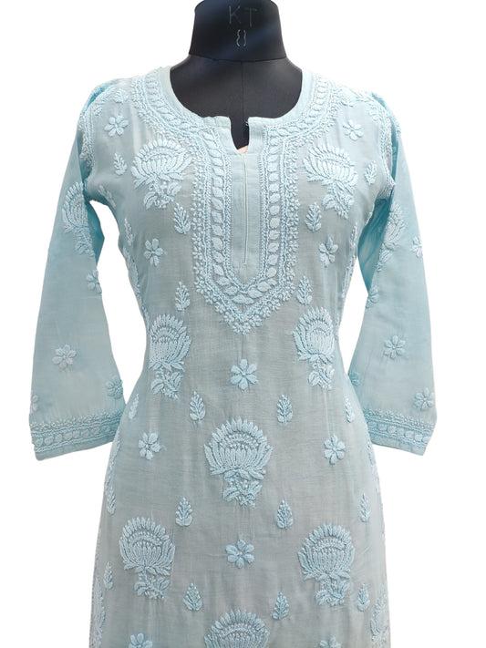 Shyamal Chikan Hand Embroidered Blue Chanderi Silk Lucknowi Chikankari Kurti - S19752