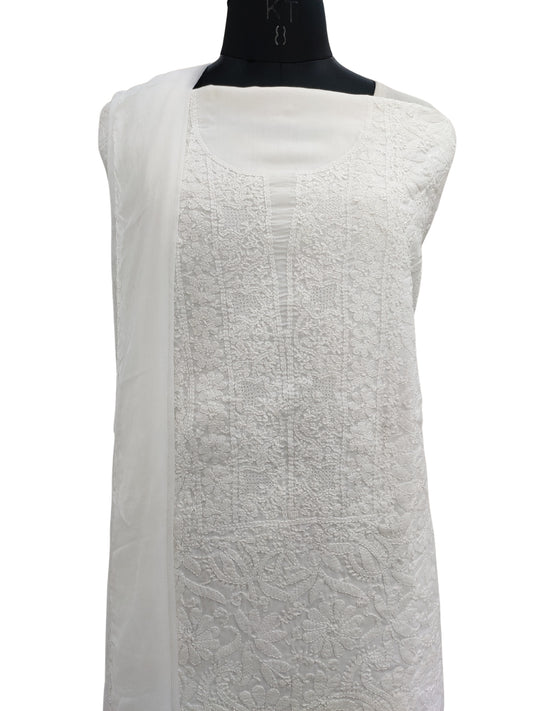 Shyamal Chikan Hand Embroidered White Cotton Lucknowi Chikankari Unstitched Suit Piece S21852
