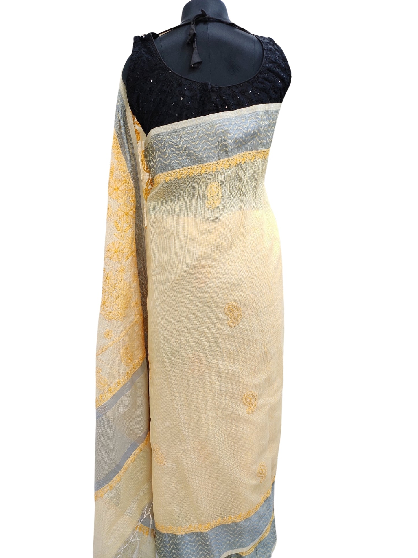 Shyamal Chikan Hand Embroidered Yellow Banarasi Lucknowi Chikankari Saree With Blouse Piece- S22888