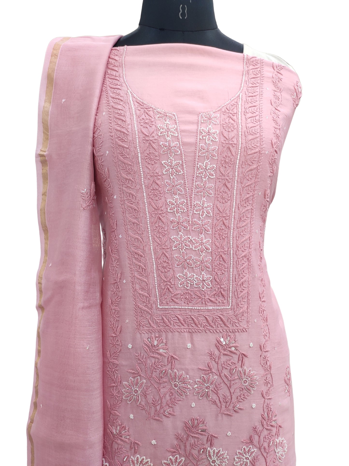 Shyamal Chikan Hand Embroidered Pink Chanderi Lucknowi Chikankari Unstitched Suit Piece with Pearl & Sequin Work (Kurta Dupatta Set) - S20075