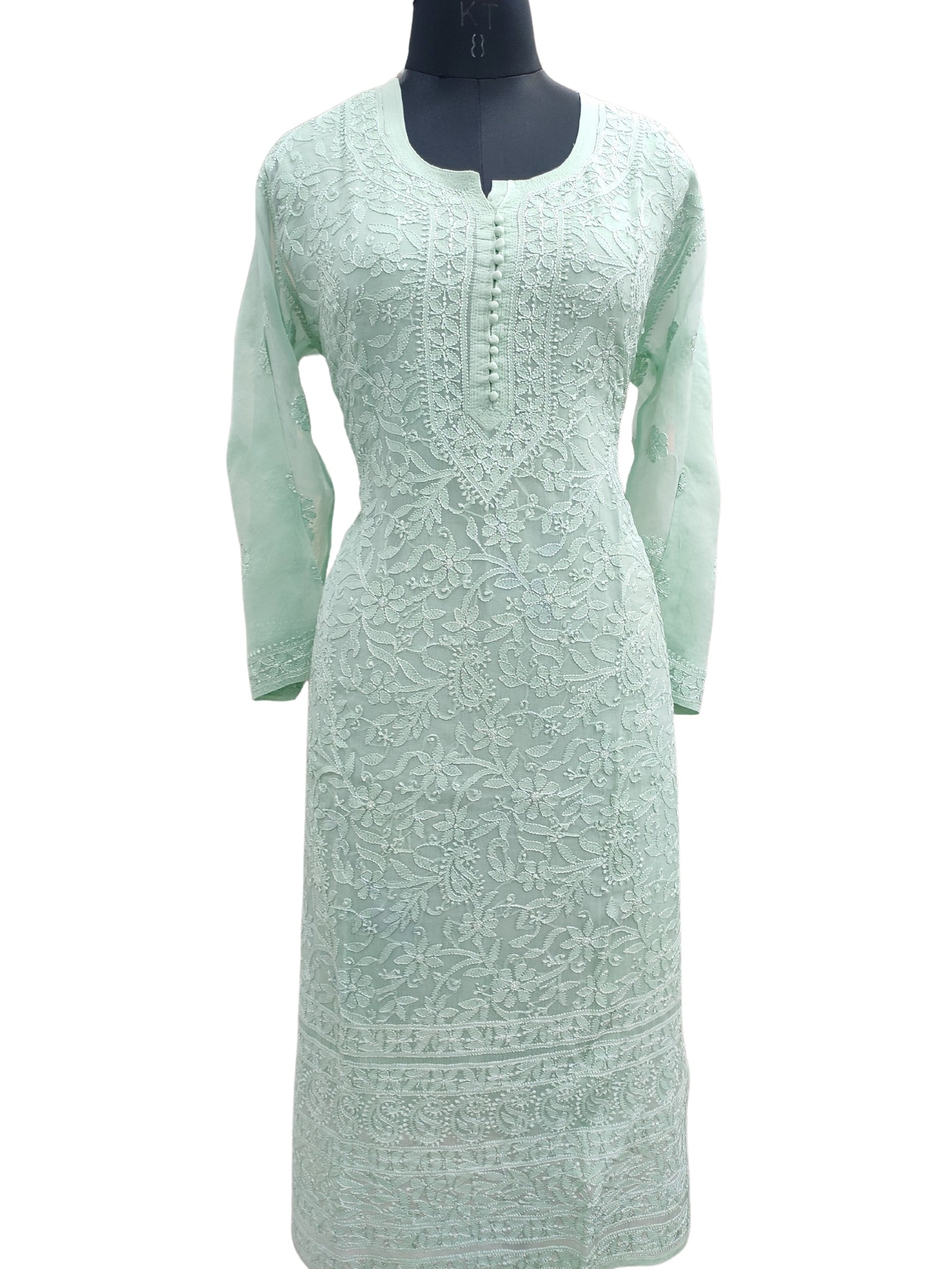 Shyamal Chikan Hand Embroidered Green Pure Organza Lucknowi Chikankari Kurti  - 23131