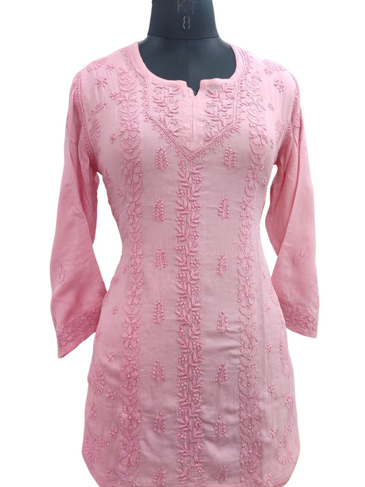 Shyamal Chikan Hand Embroidered Peach Pure Cotton Lucknowi Chikankari Short Top- 23476