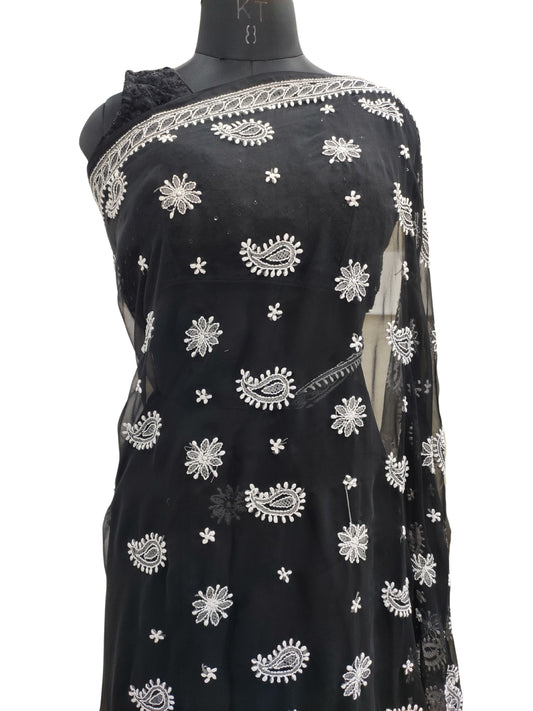 Shyamal Chikan Hand Embroidered Black Georgette Lucknowi Chikankari Saree With Blouse Piece - S23163