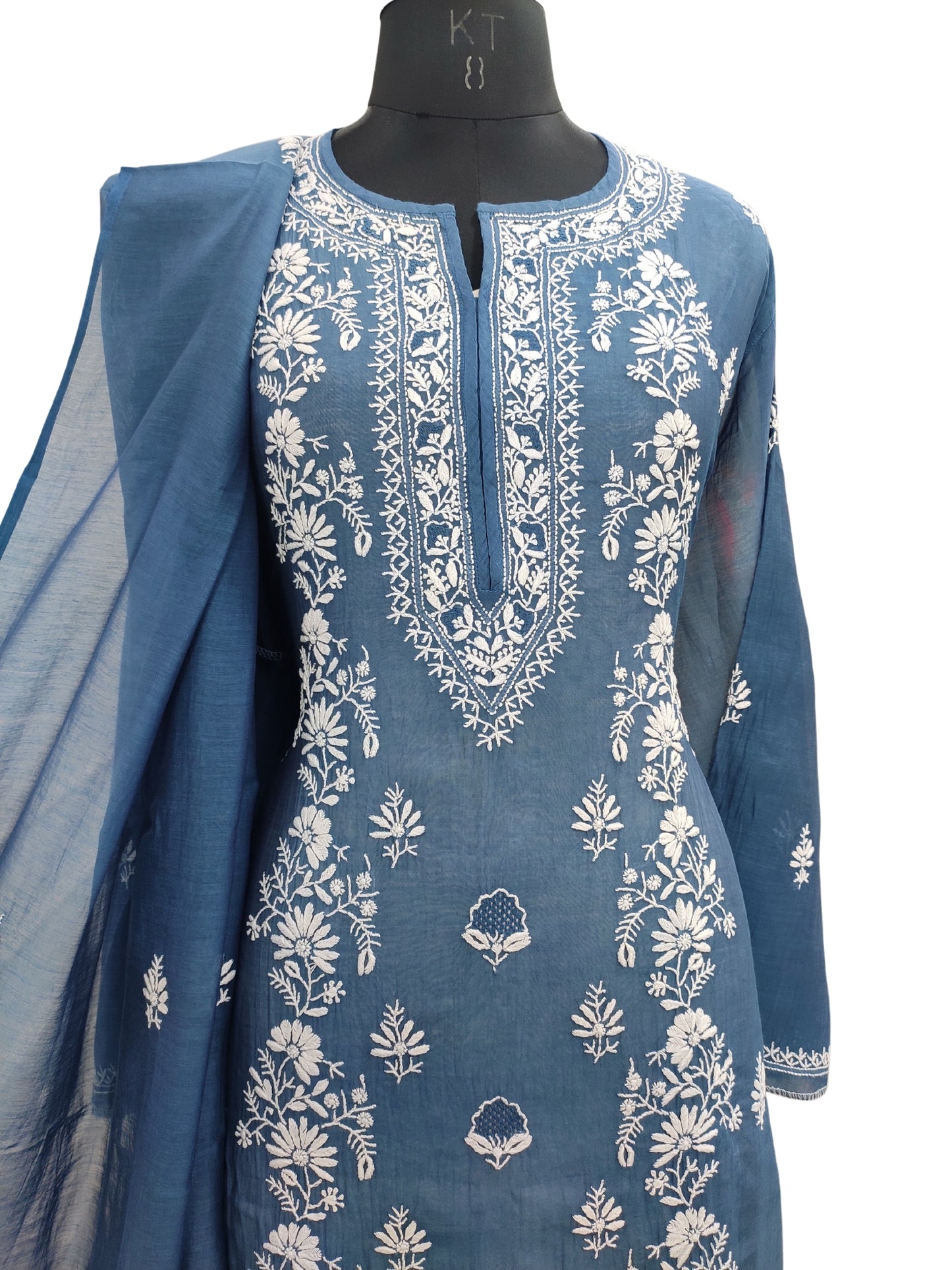 Shyamal Chikan Hand Embroidered Peacock Blue Mul Chanderi Lucknowi Chikankari semi stitched Suit Piece (Kurta Dupatta Set) - 23754