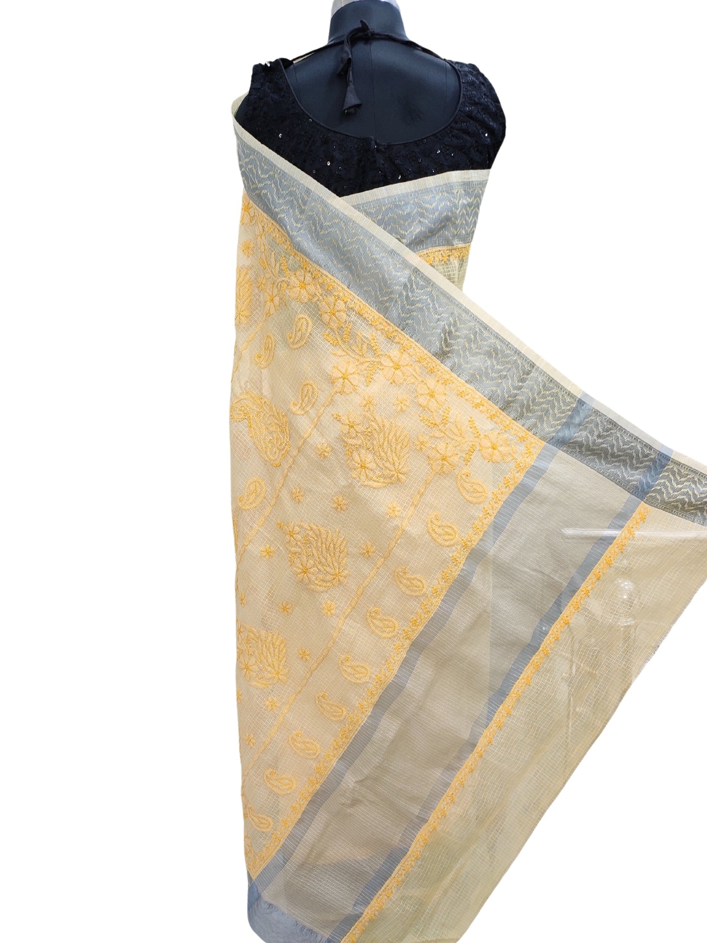 Shyamal Chikan Hand Embroidered Yellow Banarasi Lucknowi Chikankari Saree With Blouse Piece- S22888