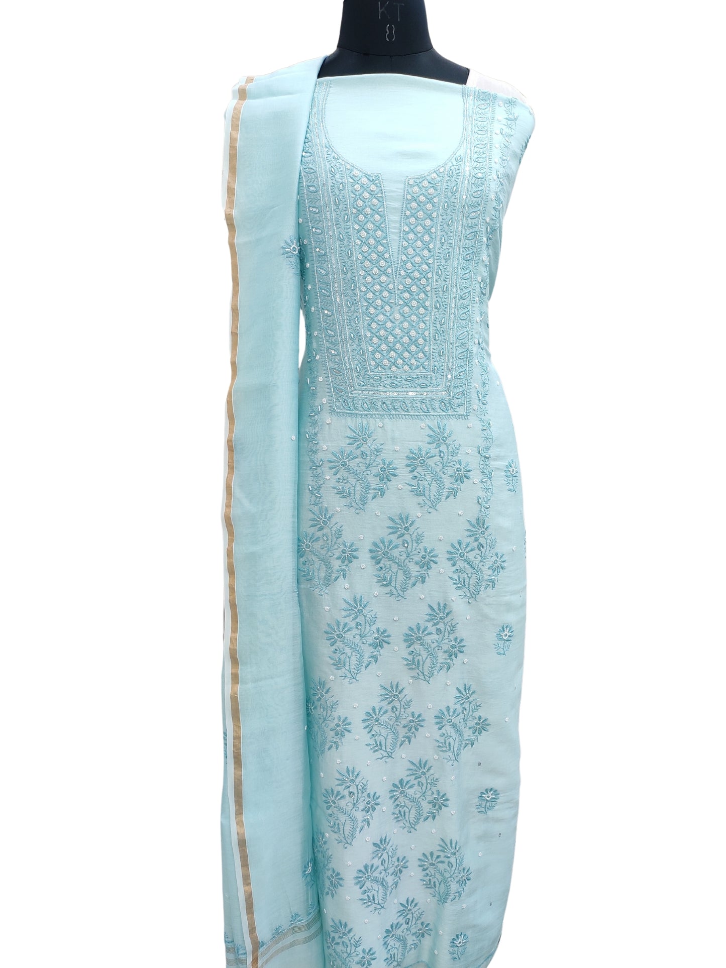 Shyamal Chikan Hand Embroidered Blue Chanderi Lucknowi Chikankari Unstitched Suit Piece with Pearl & Sequin Work (Set of 2) - S20481