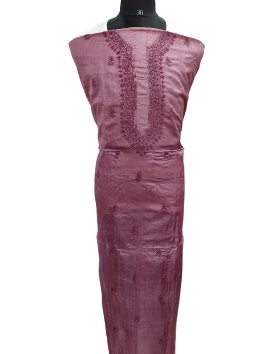 Shyamal Chikan Hand Embroidered Wine Pure Tusser Silk Lucknowi Chikankari Unstitched Men's Kurta Piece – S21360
