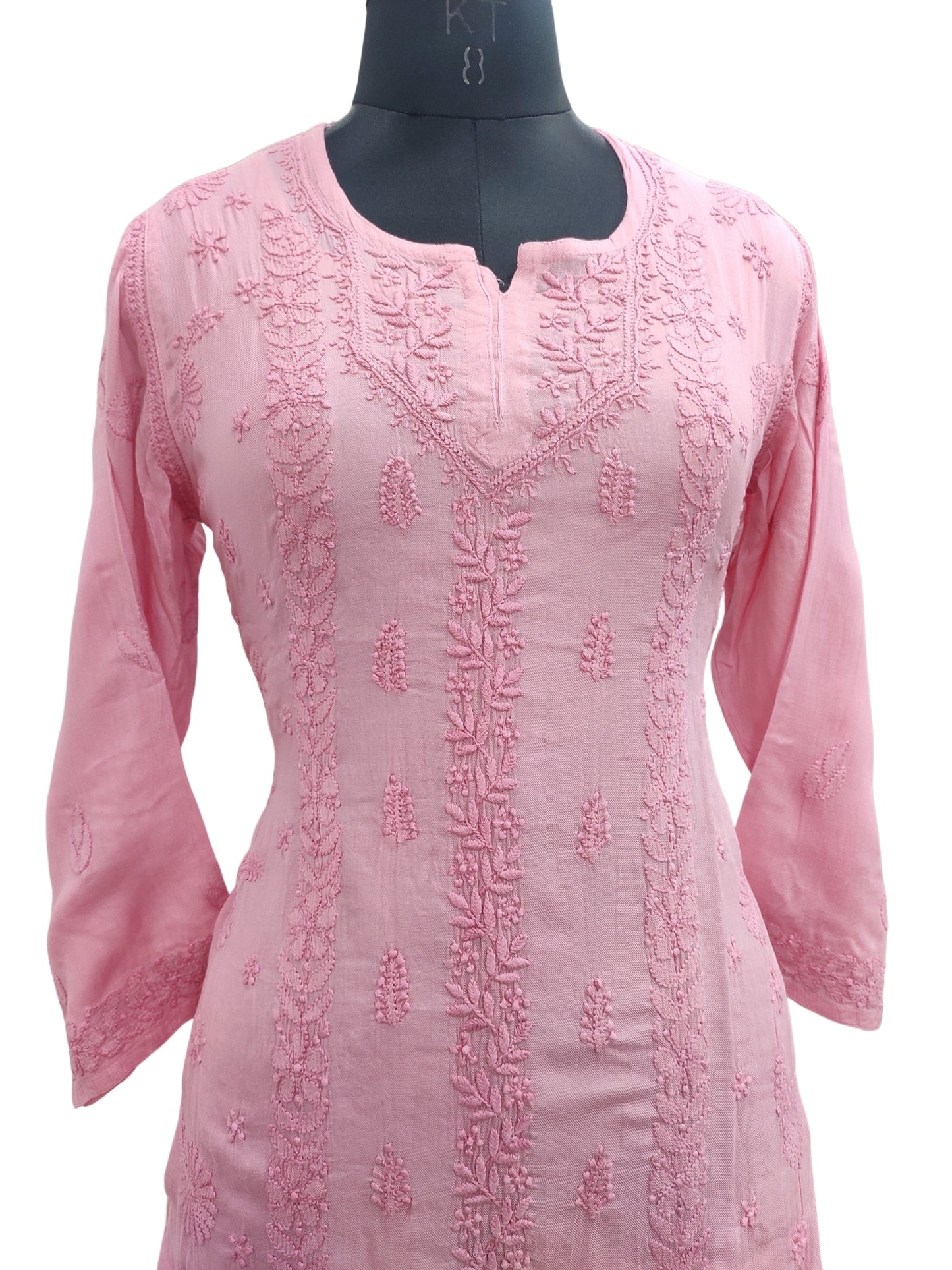 Shyamal Chikan Hand Embroidered Peach Pure Cotton Lucknowi Chikankari Short Top- 23476