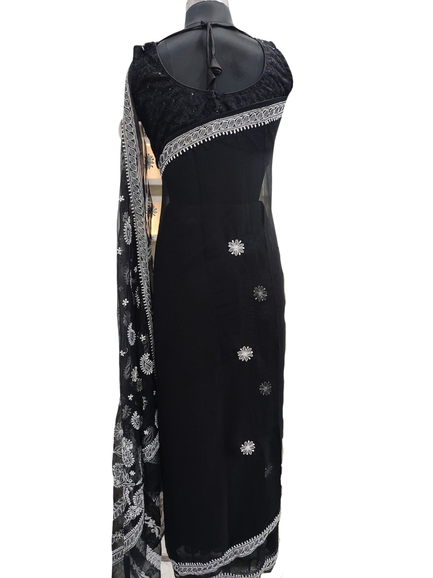 Shyamal Chikan Hand Embroidered Black Georgette Lucknowi Chikankari Saree With Blouse Piece - S23163