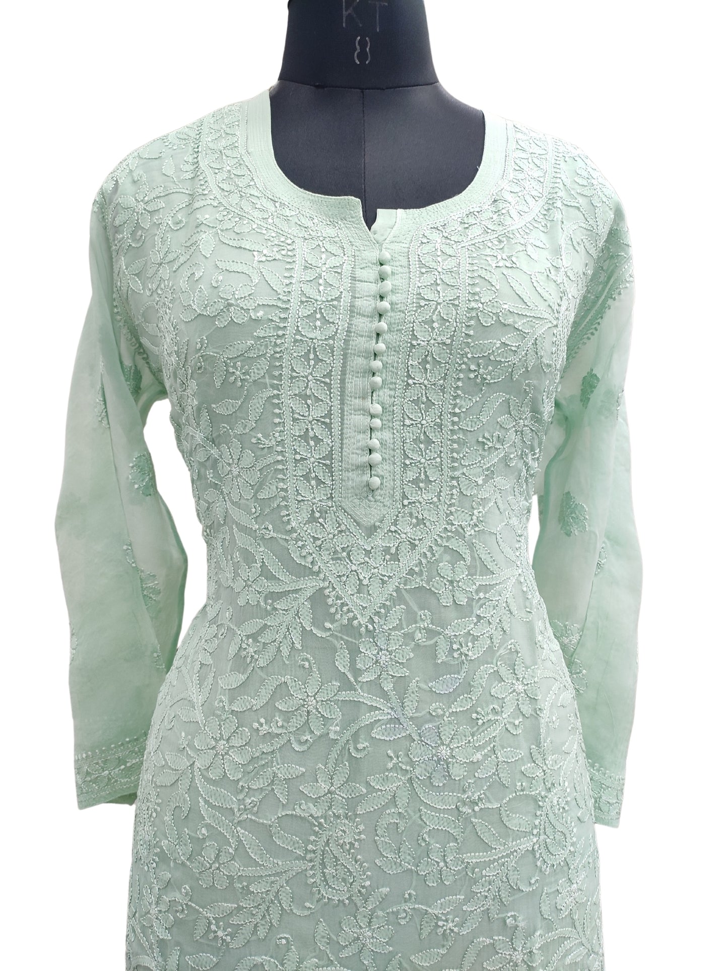 Shyamal Chikan Hand Embroidered Green Pure Organza Lucknowi Chikankari Kurti  - 23131