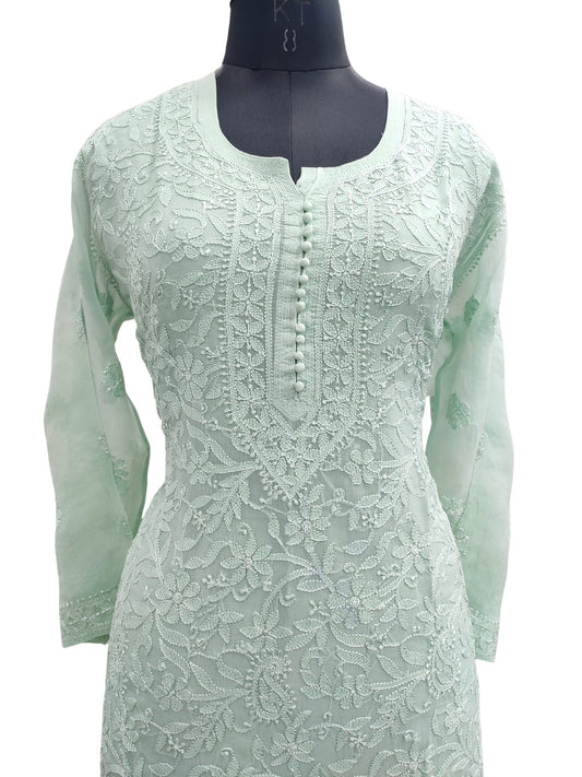 Shyamal Chikan Hand Embroidered Green Pure Organza Lucknowi Chikankari Kurti - S23131