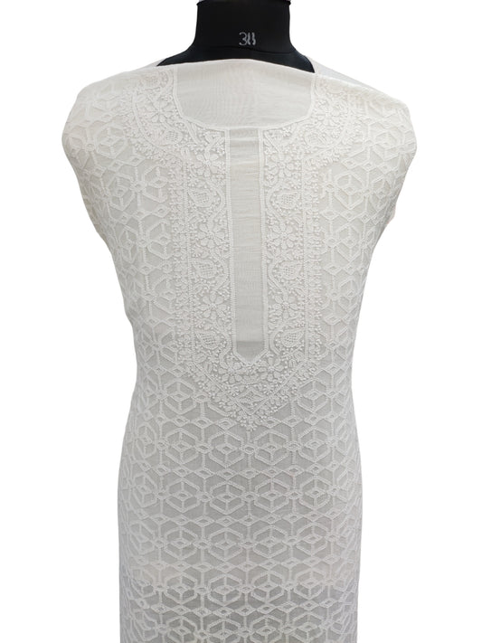 Shyamal Chikan Hand Embroidered White Mul Chanderi Lucknowi Chikankari Unstitched Men's Kurta Piece – S26490
