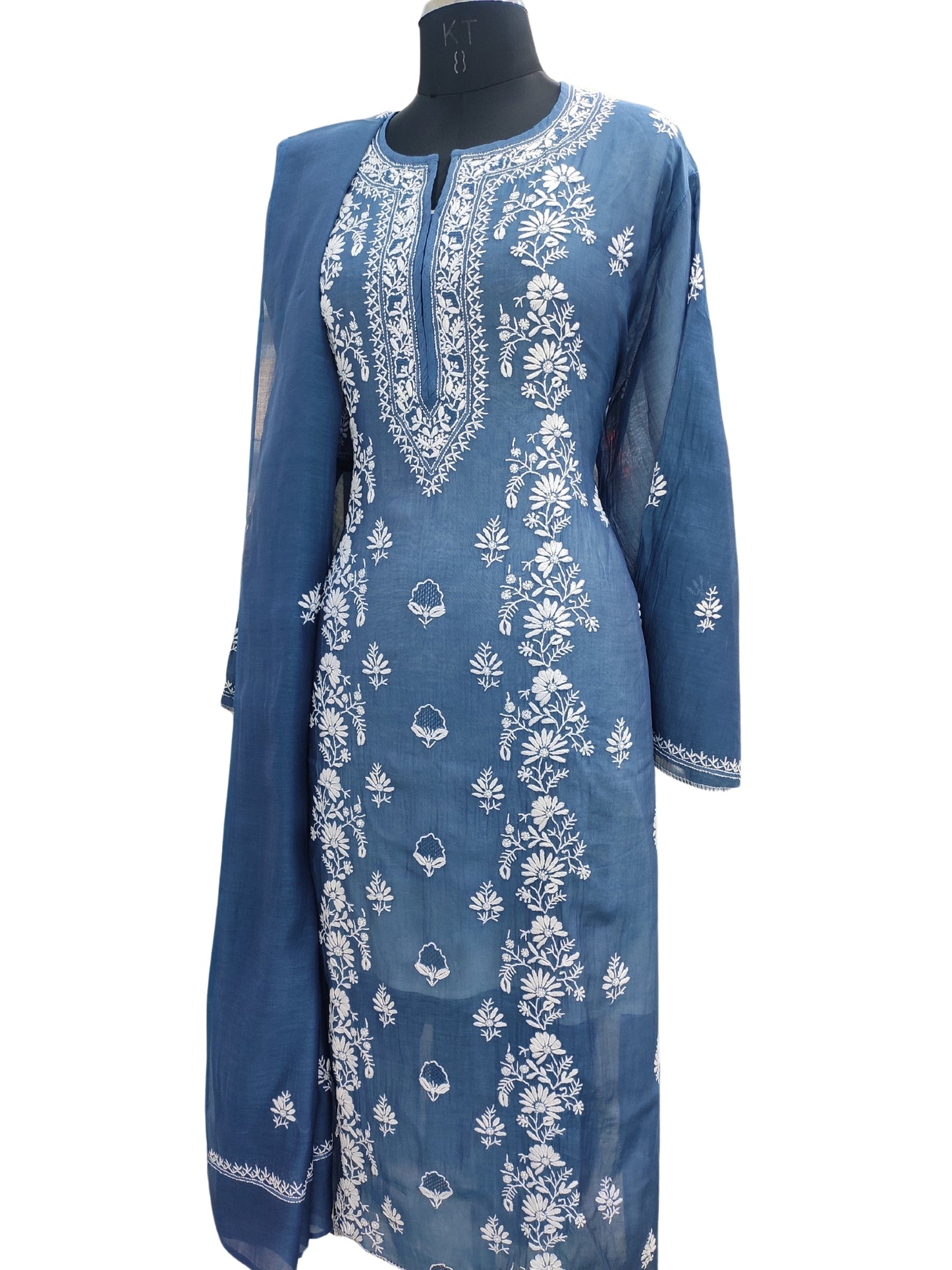 Shyamal Chikan Hand Embroidered Peacock Blue Mul Chanderi Lucknowi Chikankari semi stitched Suit Piece (Kurta Dupatta Set) - 23754