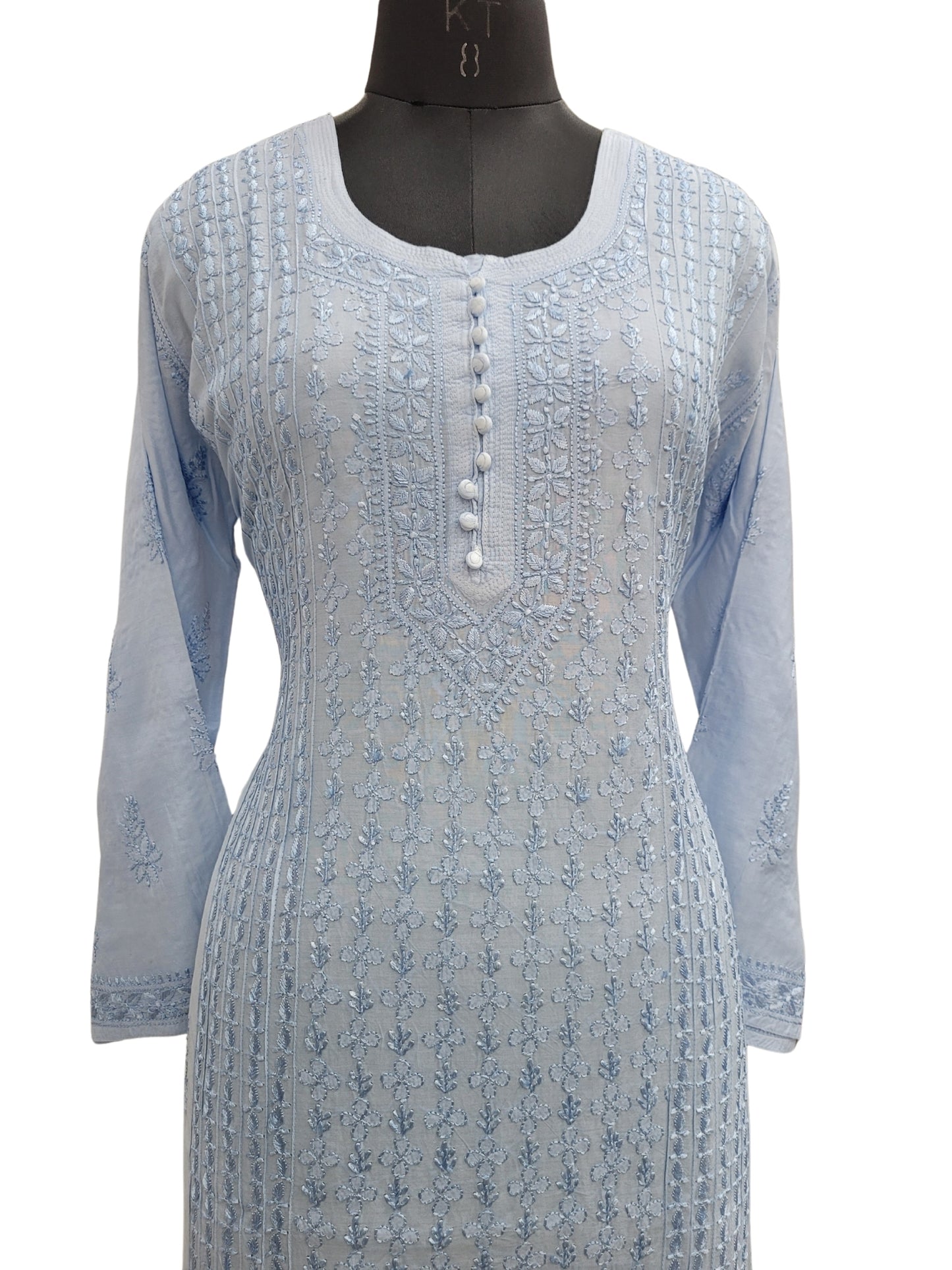 Shyamal Chikan Hand Embroidered Blue Muslin Lucknowi Chikankari Kurti - S24232