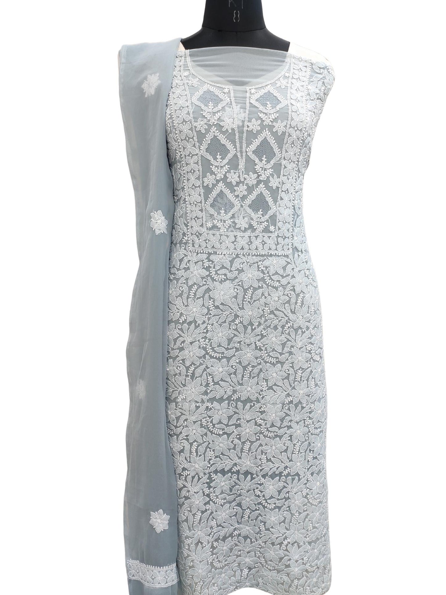 Shyamal Chikan Hand Embroidered Grey Georgette Lucknowi Chikankari Unstitched Suit Piece with Jaali work - S20230