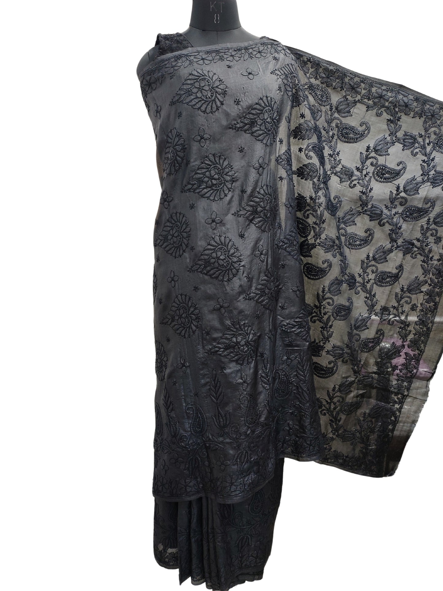 Shyamal Chikan Hand Embroidered Black Pure Tusser Silk Lucknowi Chikankari Saree With Blouse Piece- S21535