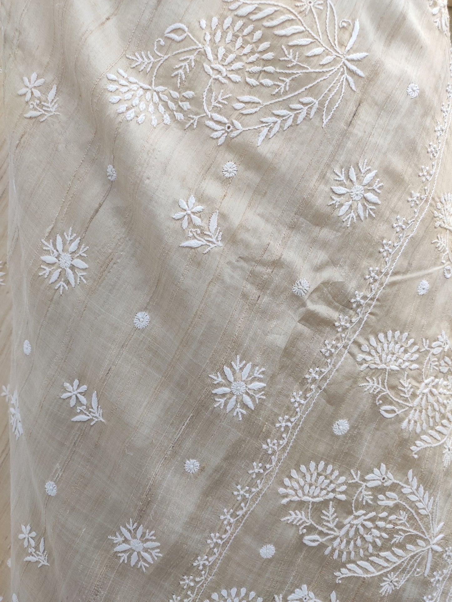 Shyamal Chikan Hand Embroidered Beige Pure Desi Tusser Silk Lucknowi Chikankari Saree With Blouse Piece- S21490