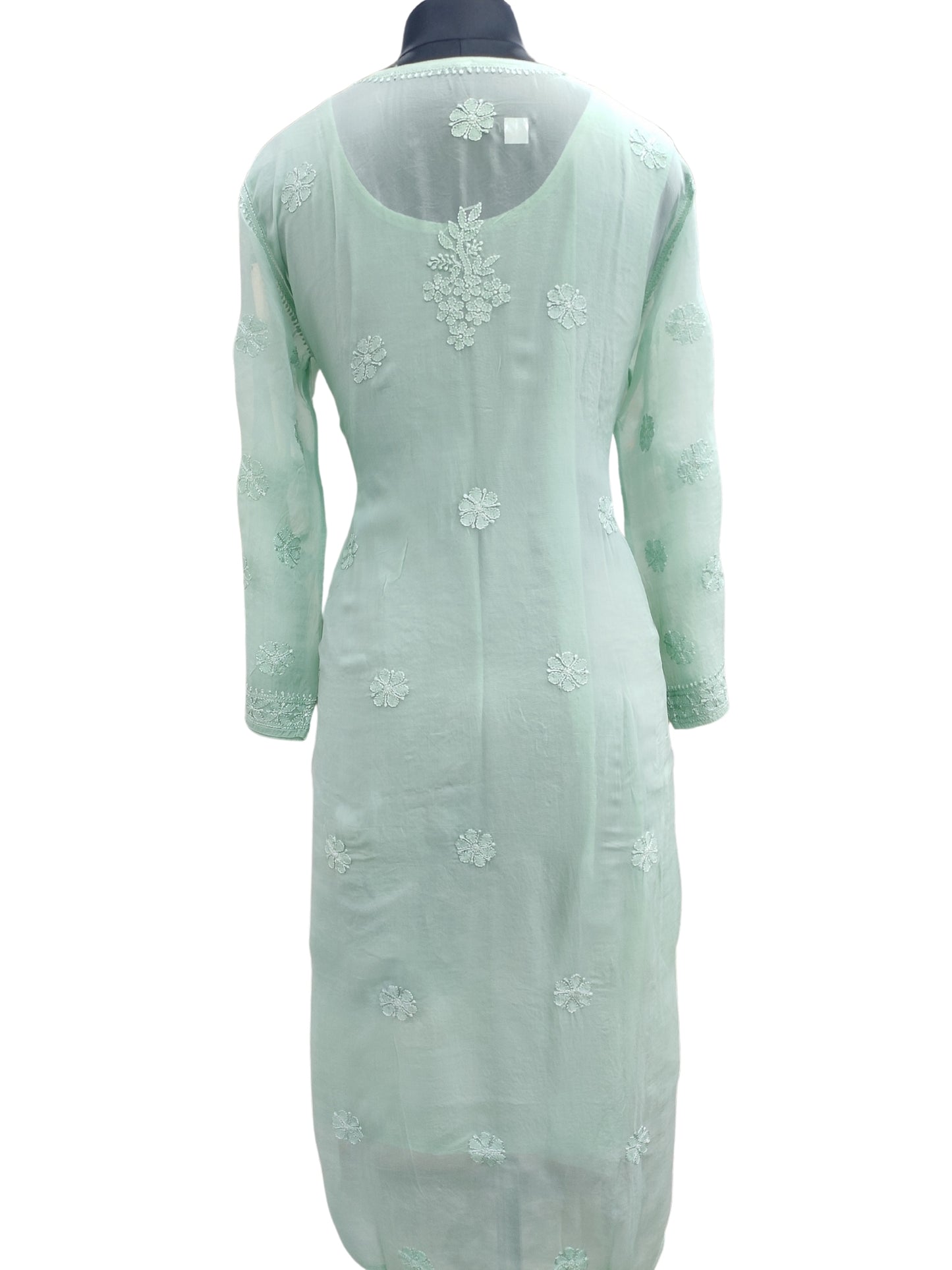 Shyamal Chikan Hand Embroidered Green Pure Organza Lucknowi Chikankari Kurti  - 23131