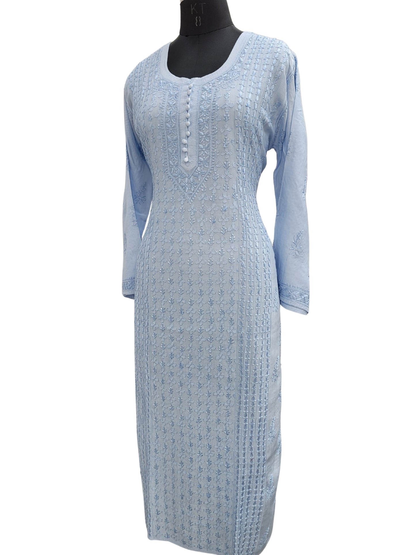 Shyamal Chikan Hand Embroidered Blue Muslin Lucknowi Chikankari Kurti - S24232