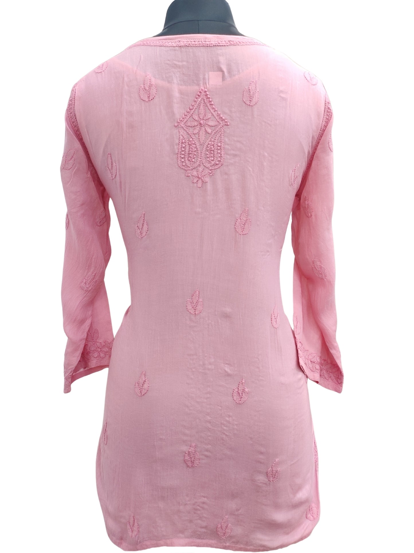 Shyamal Chikan Hand Embroidered Peach Pure Cotton Lucknowi Chikankari Short Top- 23476