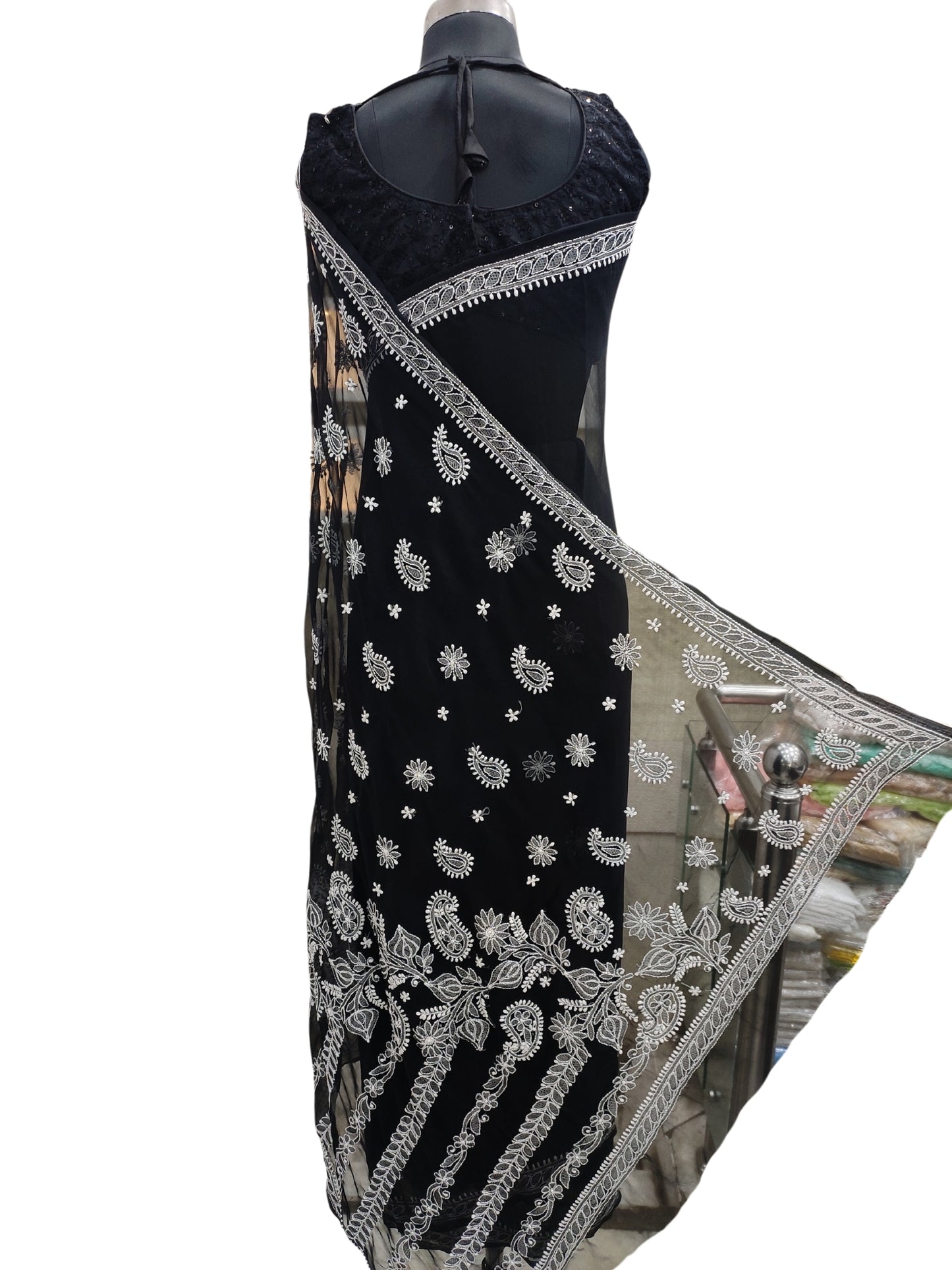 Shyamal Chikan Hand Embroidered Black Georgette Lucknowi Chikankari Saree With Blouse Piece - S23163