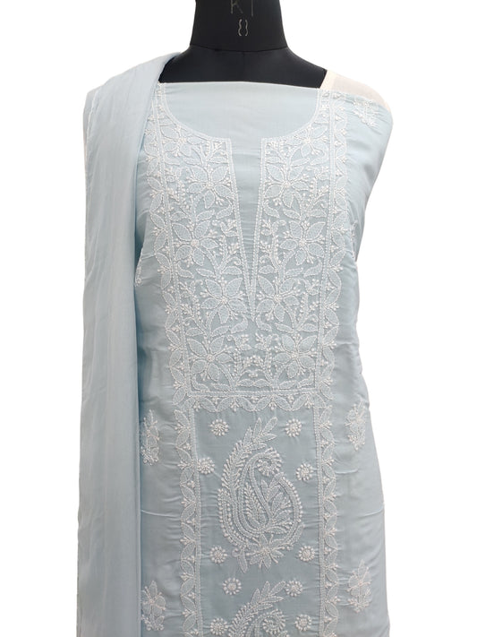 Shyamal Chikan Hand Embroidered Blue Cotton Lucknowi Chikankari Unstitched Suit Piece With Jaali Work - S22599