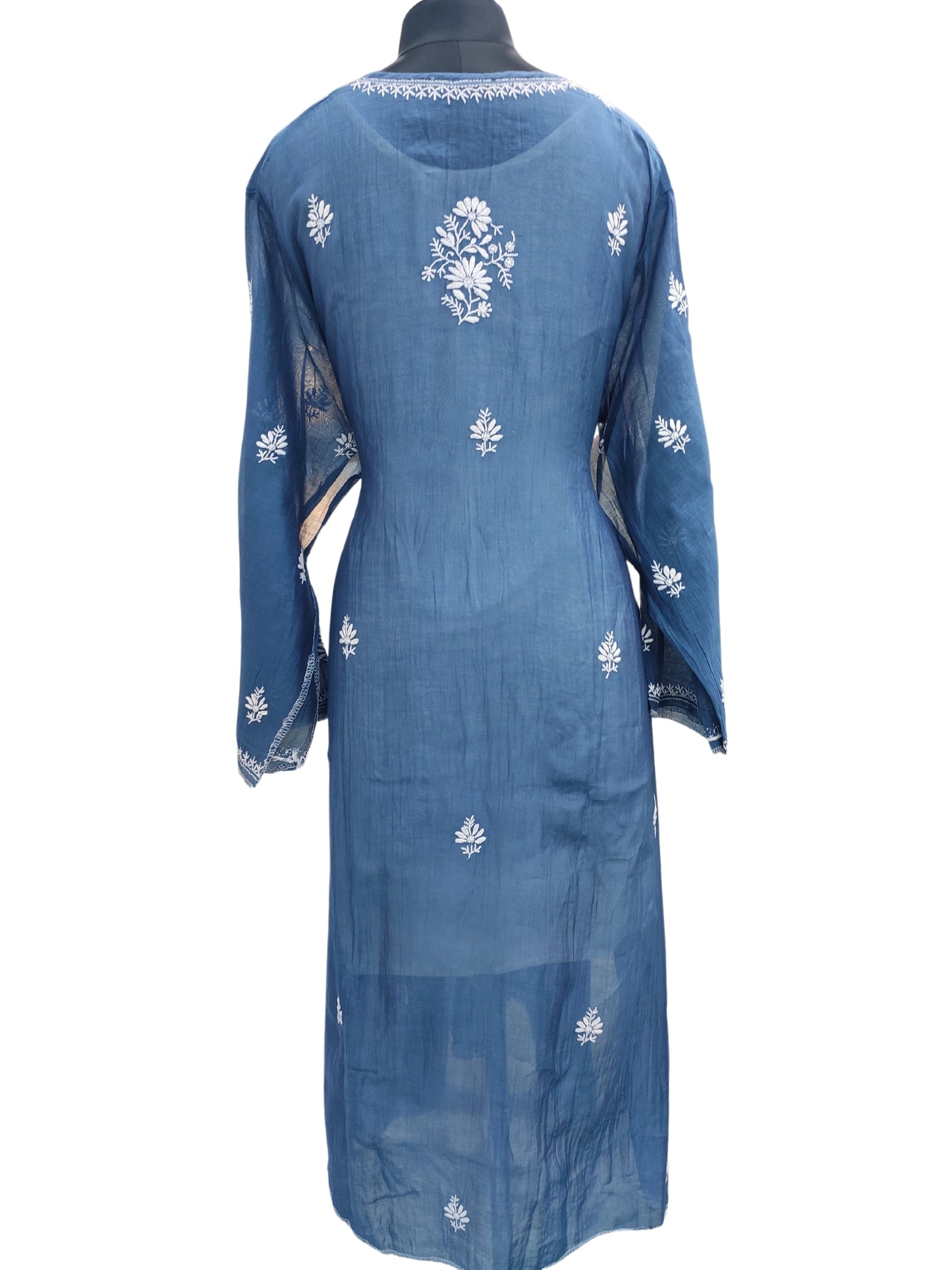 Shyamal Chikan Hand Embroidered Peacock Blue Mul Chanderi Lucknowi Chikankari semi stitched Suit Piece (Kurta Dupatta Set) - 23754