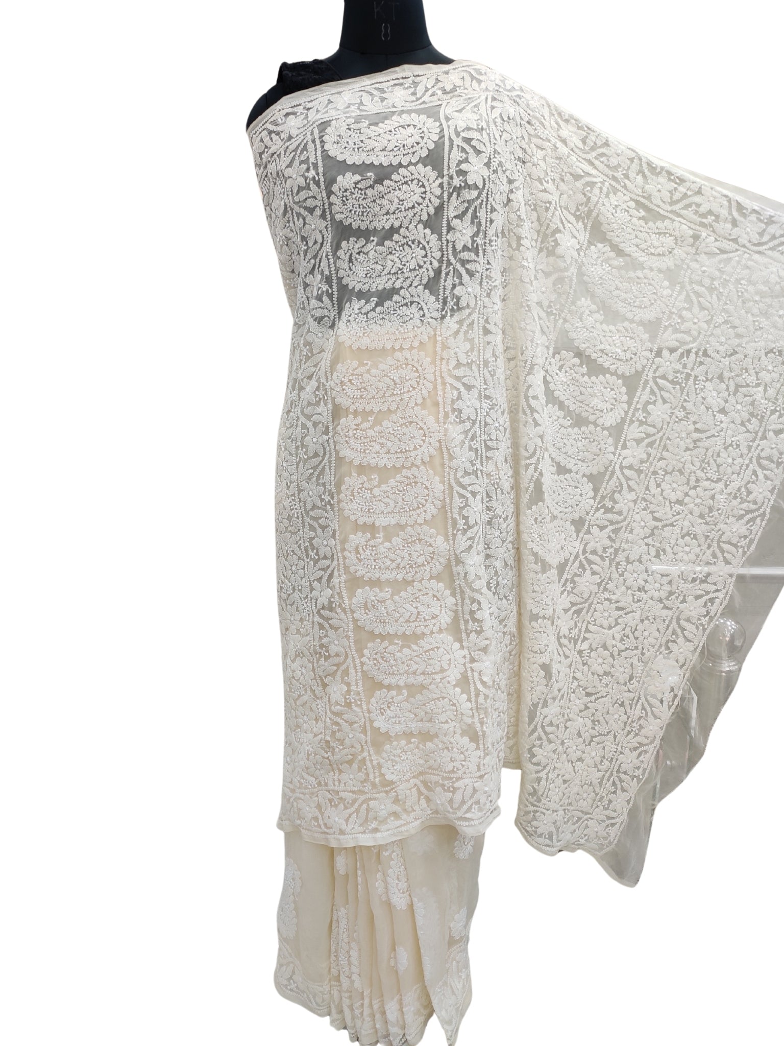 Shyamal Chikan Hand Embroidered Beige Georgette Lucknowi Chikankari Skirt Saree With Blouse Piece - S21932