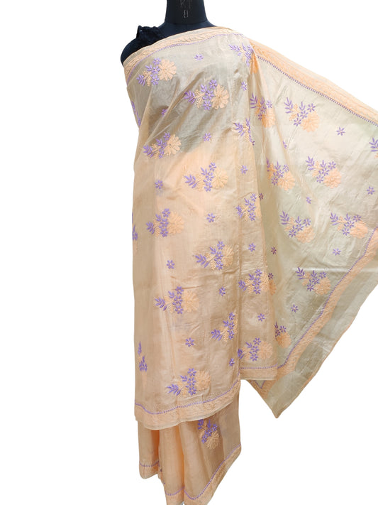 Shyamal Chikan Hand Embroidered Peach Tusser Silk Lucknowi Chikankari Saree With Blouse Piece- S22476