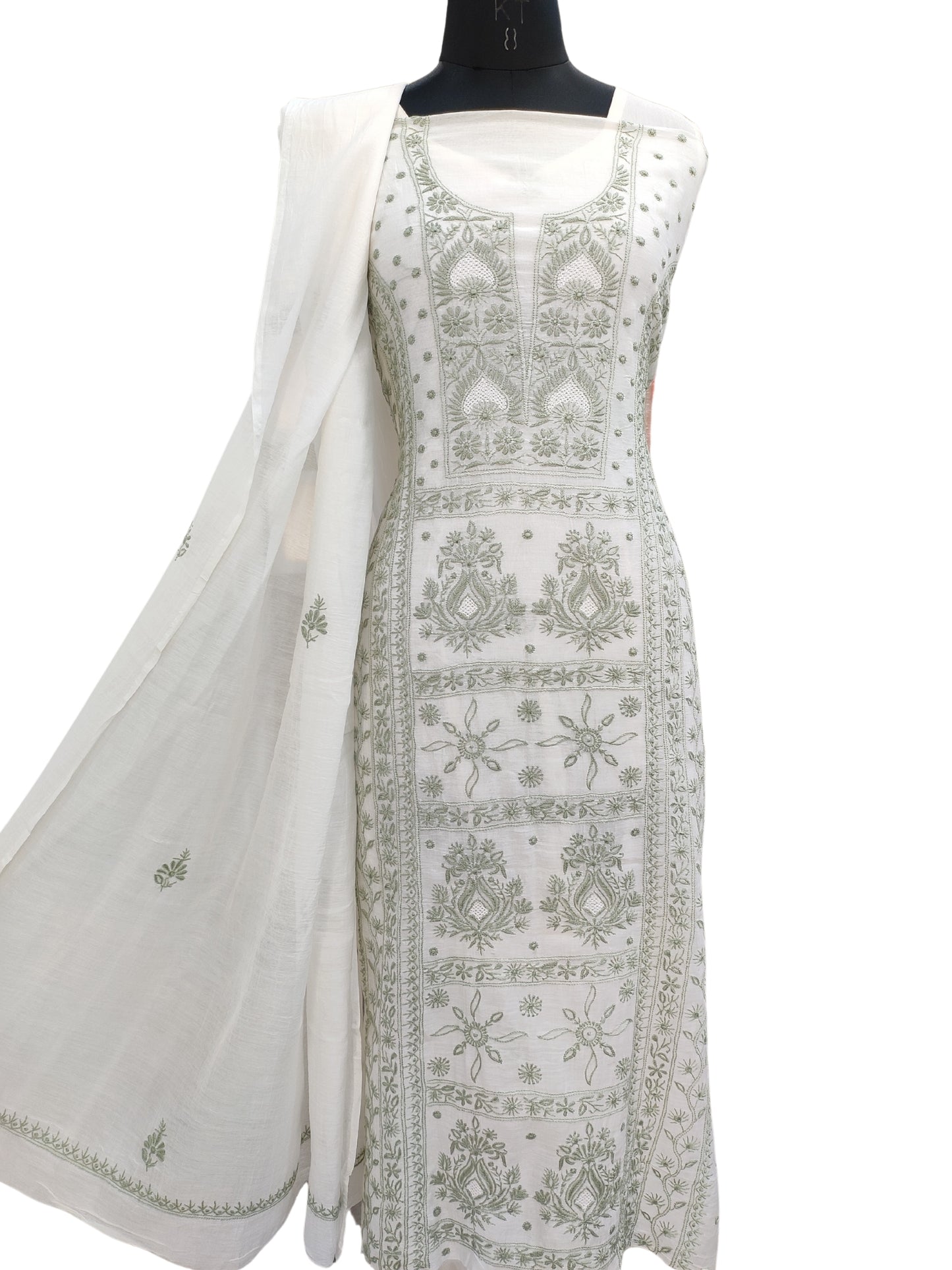 Shyamal Chikan Hand Embroidered White Mul Chanderi Lucknowi Chikankari Unstitched Suit Piece (Kurta Dupatta Set) - S24342